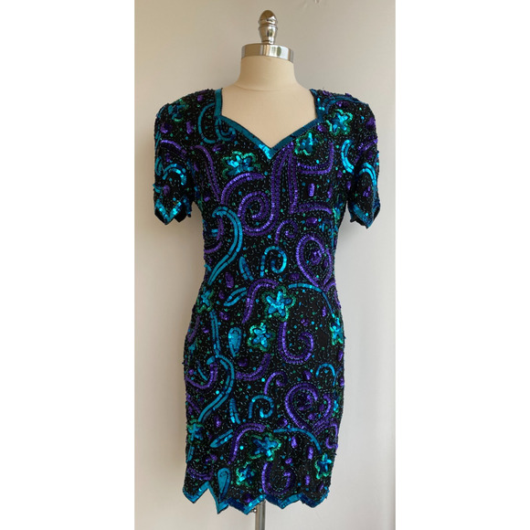 Vintage Retro 1980's Lawrence Kazar Fully Sequinned Evening Dress size Large - Picture 1 of 14